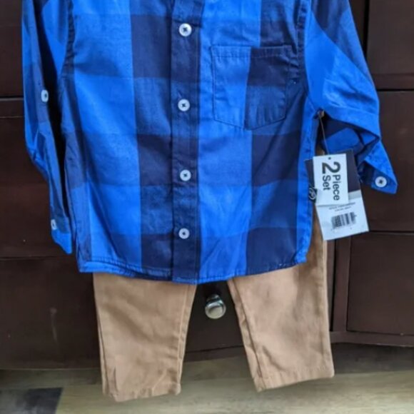 Perry Ellis Plaid Blue Long Sleeve Button Up with Dark Khaki Pants Set Sz 2T-NWT - Picture 5 of 5